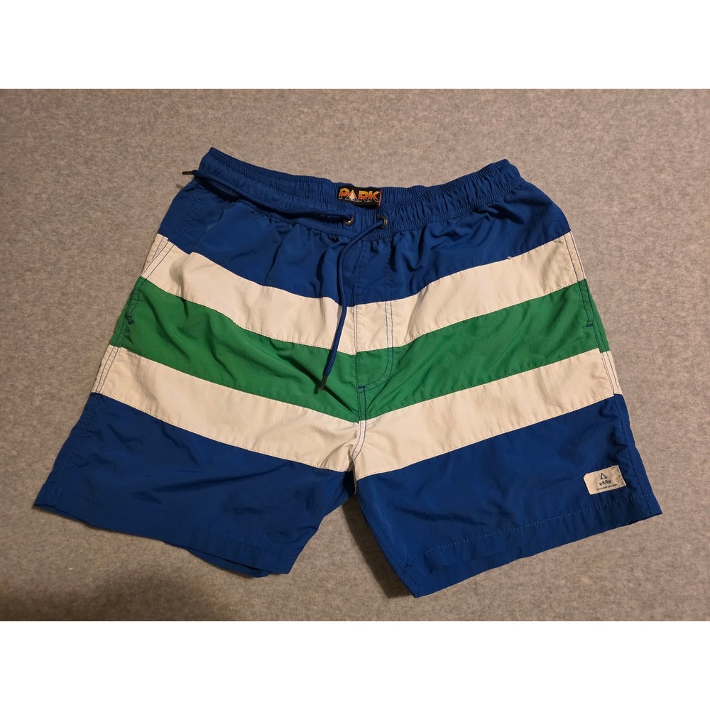 PARK Blue Green Striped Swim Trunks Drawstring Elastic Waist Shorts